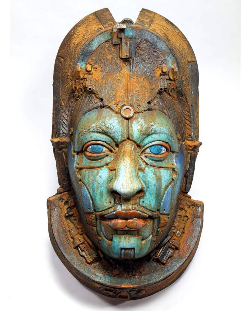 MASK SCULPTURES MIX ANTIQUITY AND SCI-FI
